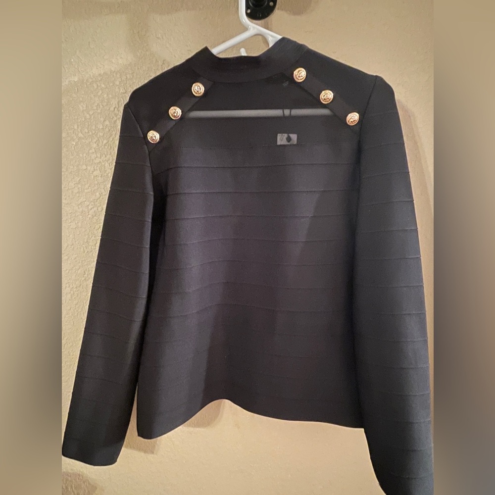 Karen Millen Bandage Knit Military Trim And Mesh Top Black L